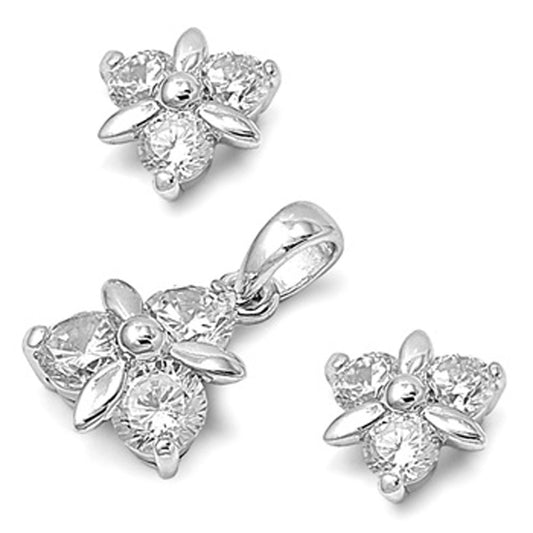 Flower Earrings Clear Simulated CZ .925 Sterling Silver Pendant Set