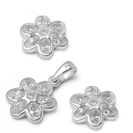 Flower Earrings Clear Simulated CZ .925 Sterling Silver Pendant Set