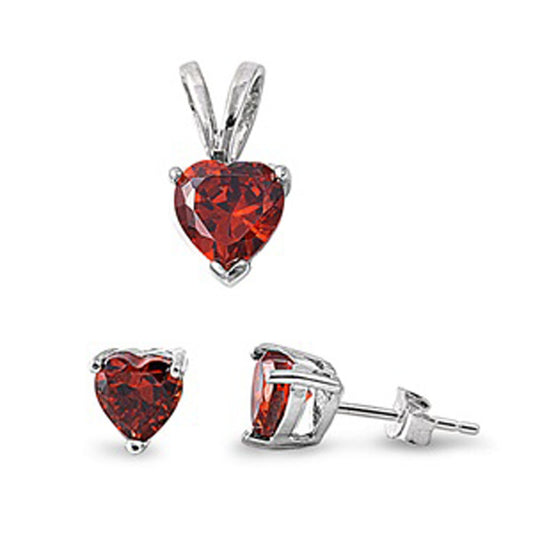 Solitaire Heart Earrings Simulated Garnet .925 Sterling Silver Pendant Set