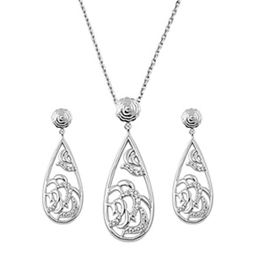 Flower Teardrop Rose Cutout Earrings Clear Simulated CZ .925 Sterling Silver Pendant Set