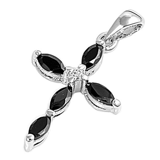 High Polish Cross Pendant Black CZ .925 Sterling Silver Oval Charm