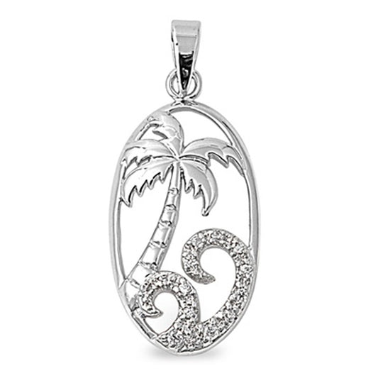 Oval Aloha Palm Tree Pendant Clear CZ .925 Sterling Silver Waves Charm