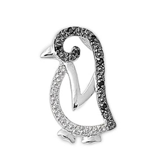 Sterling Silver Studded Filigree Swirl Penguin Black CZ Pendant Charm