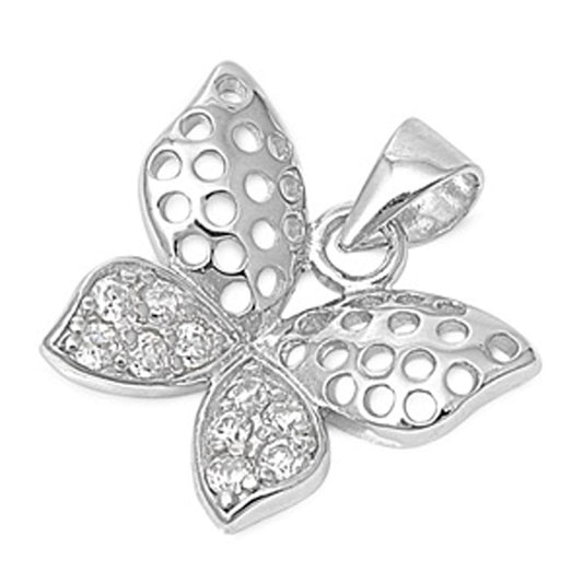 Sterling Silver Cutout Polka Dot Wing Butterfly Pendant Clear CZ Charm