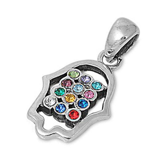 Sterling Silver Hand of God Multicolor Hamsa Pendant Multicolor Simulated CZ