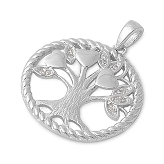 Heart Tree of Life Hoop Pendant Clear CZ .925 Sterling Silver Charm