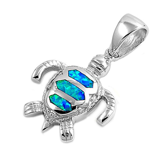 Realistic Sea Turtle Pendant Blue Simulated Opal .925 Sterling Silver Sea Charm