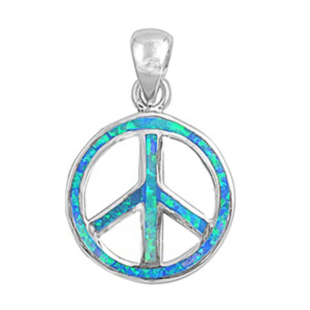 Hippie Peace Sign Pendant Blue Simulated Opal .925 Sterling Silver Retro Charm