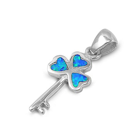 Key Classic Heart Clover Pendant Blue Simulated Opal .925 Sterling Silver Charm