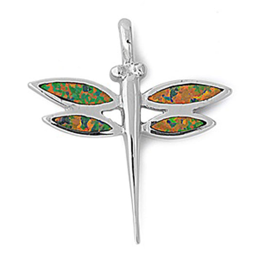 Pointed Dragonfly Pendant Mystic Simulated Opal .925 Sterling Silver Bug Charm