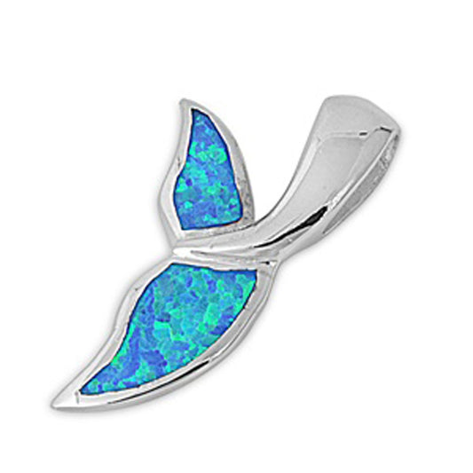 Curved Whale Tail Pendant Blue Simulated Opal .925 Sterling Silver Swim Charm