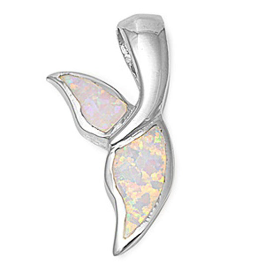 Curved Whale Tail Pendant White Simulated Opal .925 Sterling Silver Fish Charm