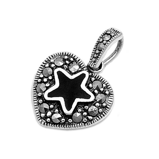 Sterling Silver Heart Studded Black Tone Star Pendant Black Simulated Onyx Charm