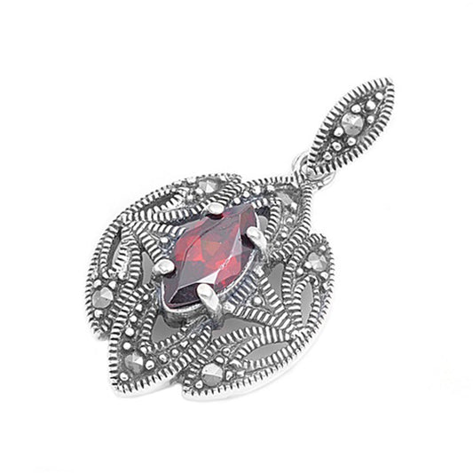 Elegant Bold Marquise Pendant Simulated Garnet .925 Sterling Silver Leaf Charm