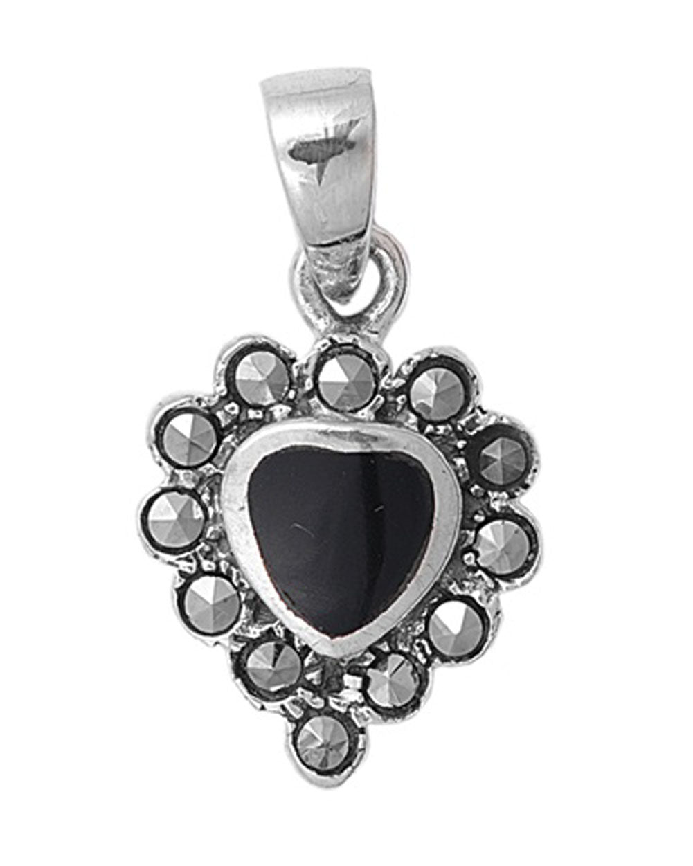 Scalloped Studded Heart Pendant Black Simulated Onyx .925 Sterling Silver Charm