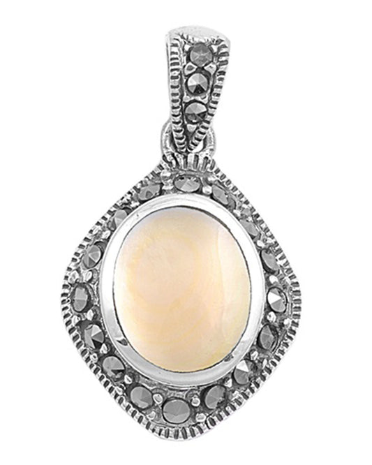 Sterling Silver Elegant Studded Oval Pendant Simulated Mother of Pearl Charm