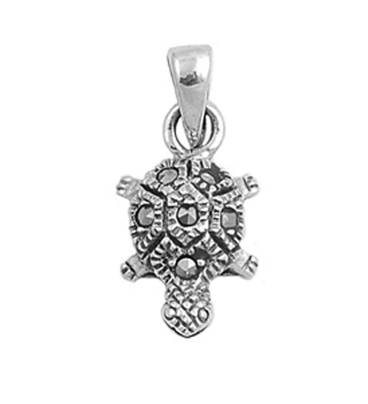 Cute Stylized Turtle Pendant Simulated Marcasite .925 Sterling Silver Charm