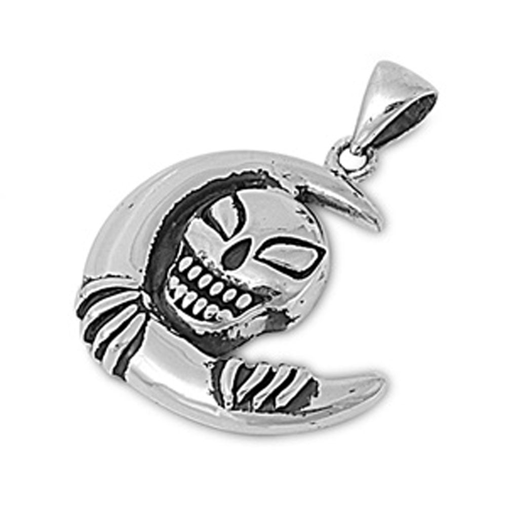 Crescent Moon Oxidized Skeleton Pendant .925 Sterling Silver Creepy Mystic Charm