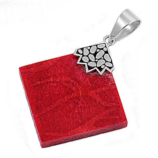 Bold Statement Square Pendant Simulated Coral .925 Sterling Silver Retro Charm