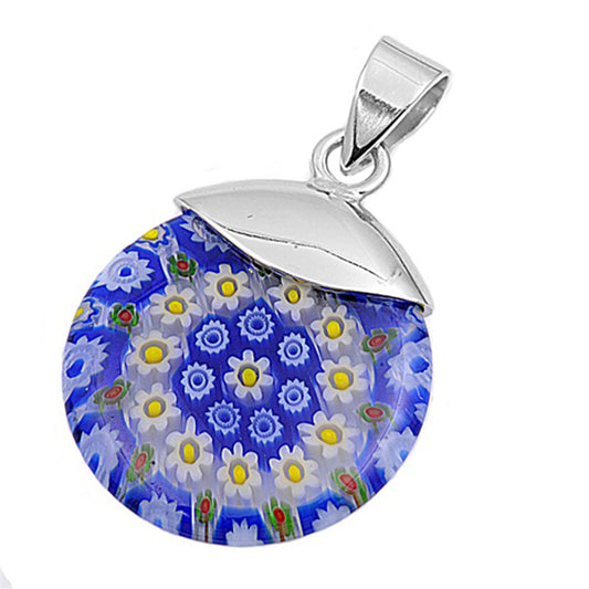 Funky Flower Circle Pendant Simulated Murano Glass .925 Sterling Silver Charm