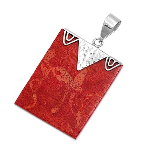 Tribal Style Rectangle Pendant Simulated Coral .925 Sterling Silver Flat Charm