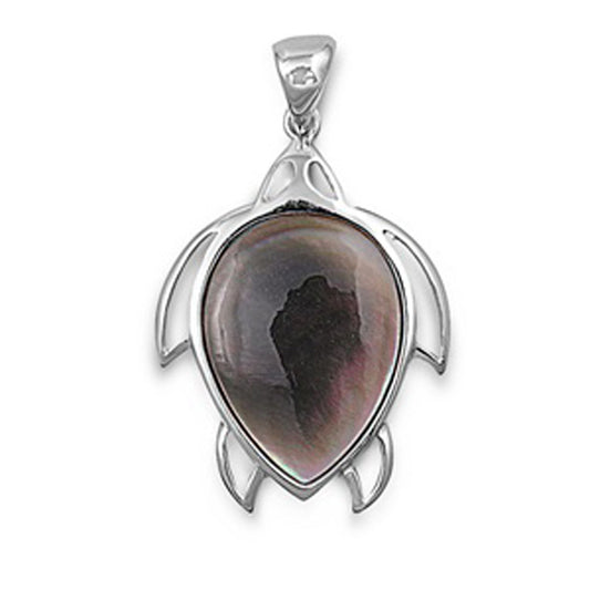 Sterling Silver Bold Teardrop Turtle Pendant Simulated Mother of Pearl Charm