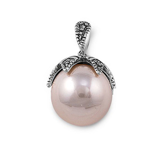 Elegant Etched Ball Pendant Simulated Pearl .925 Sterling Silver Bali Charm