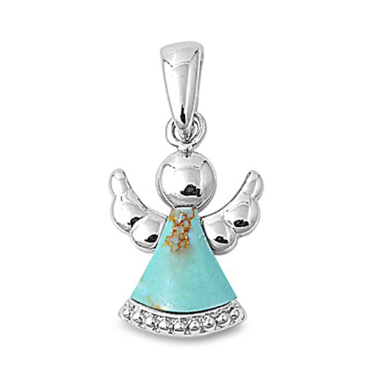 Cute High Polish Angel Pendant Simulated Turquoise .925 Sterling Silver Charm