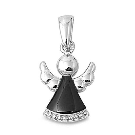 Cute Shiny Angel Pendant Black Simulated Onyx .925 Sterling Silver Charm