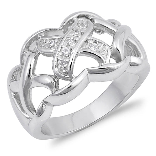 Clear CZ Polished Criss Cross Filigree Ring .925 Sterling Silver Band Sizes 6-9