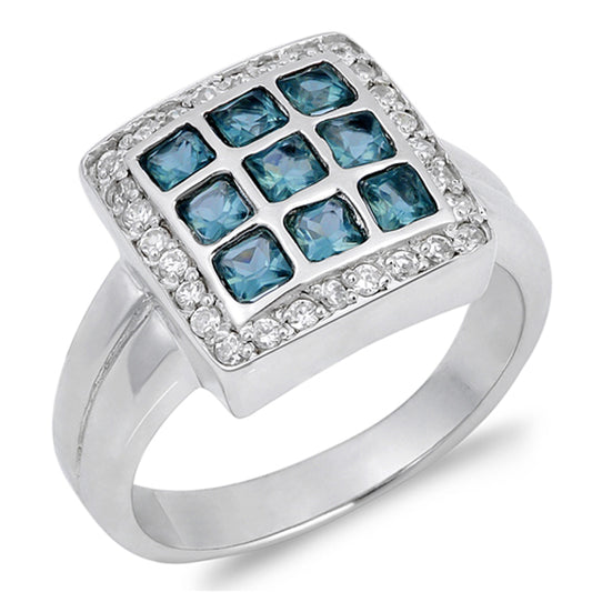 Checkboard Aquamarine CZ Square Halo Ring .925 Sterling Silver Band Sizes 6-9