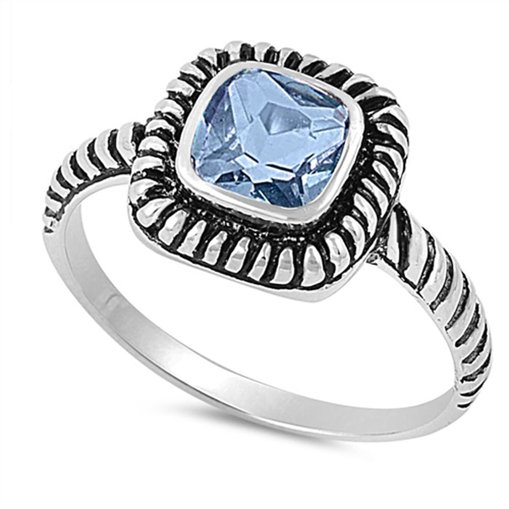 Aquamarine CZ Square Bezel Oxidized Ring New 925 Sterling Silver Band Sizes 4-9