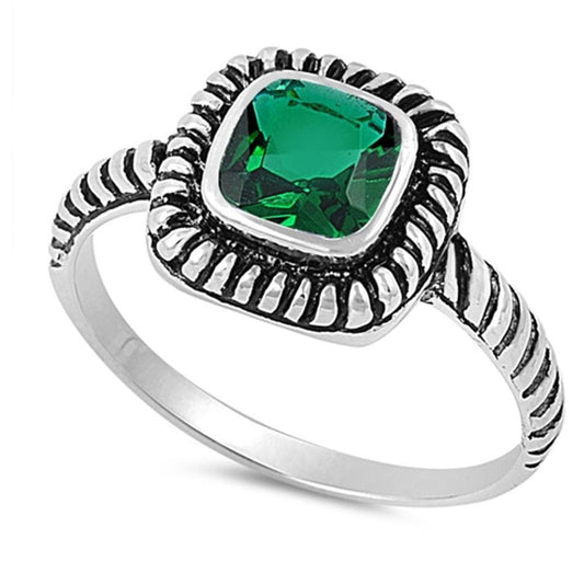 Emerald CZ Antiqued Weave Boho Halo Ring New 925 Sterling Silver Band Sizes 5-9