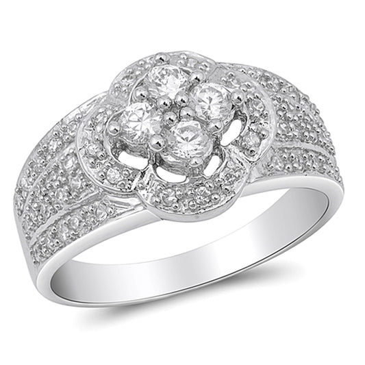 Clear CZ Cute Cluster Micro Pave Flower Ring Sterling Silver Band Sizes 6-10