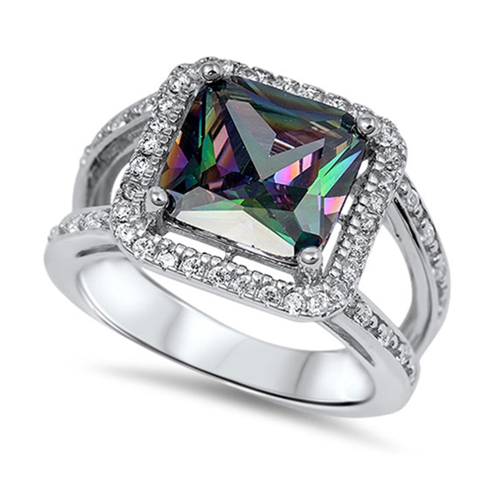 Rainbow Topaz CZ Square Solitaire Halo Ring .925 Sterling Silver Band Sizes 5-10