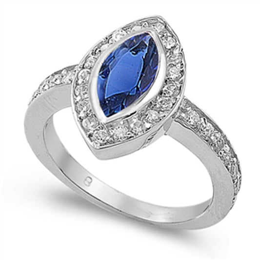 Blue Sapphire CZ Marquise Halo Wedding Ring .925 Sterling Silver Band Sizes 5-10