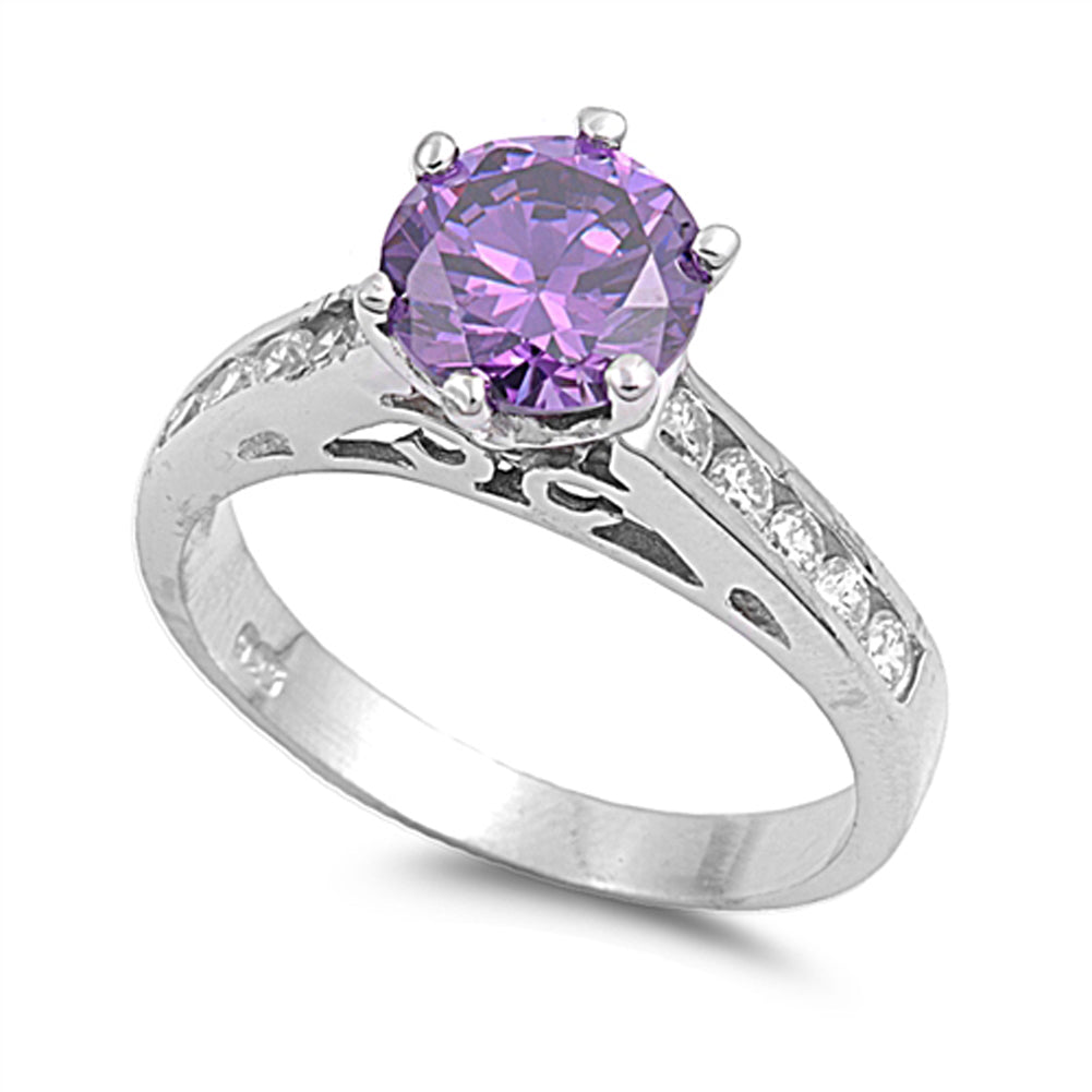 Round Amethyst CZ Solitaire Wedding Ring New 925 Sterling Silver Band Sizes 5-11