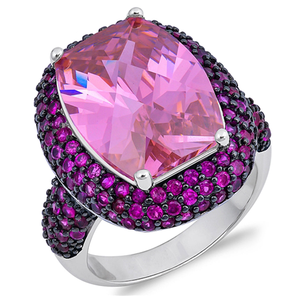 Large Pink CZ Polished Micro Pave Ring New .925 Sterling Silver Band Sizes 6-10