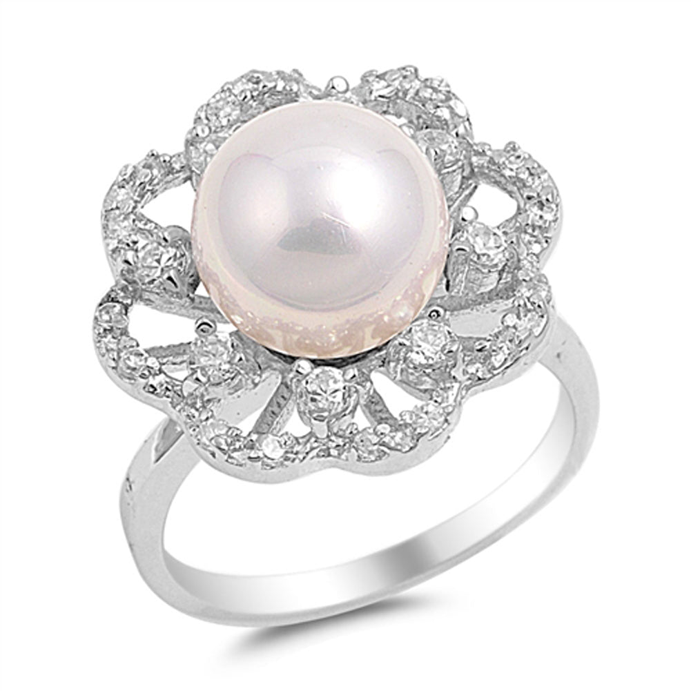 White CZ Freshwater Pearl Flower Ring New .925 Sterling Silver Band Sizes 5-11