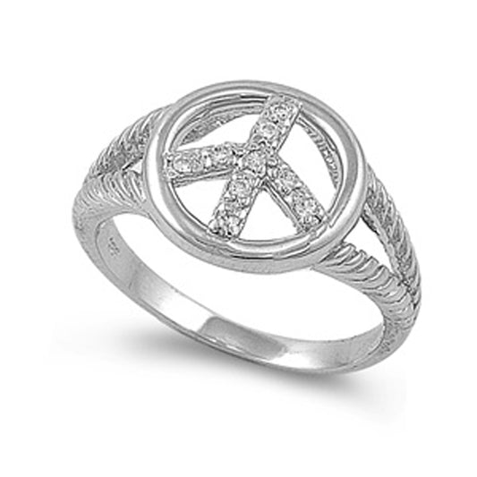 Clear CZ Peace Sign Love Ring .925 Sterling Silver Twisted Rope Band Sizes 6-9