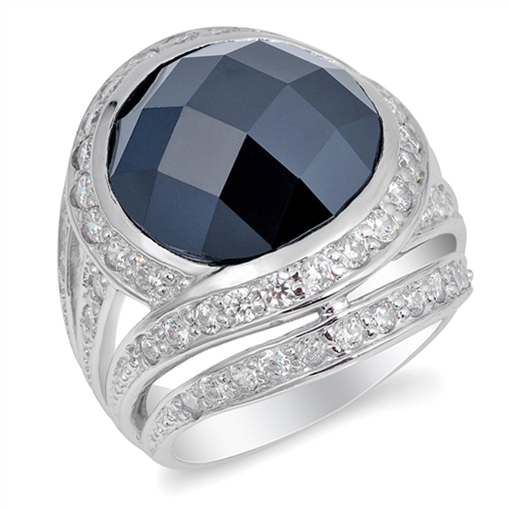 Black CZ Faceted Bezel Halo Set Ring New .925 Sterling Silver Band Sizes 6-10