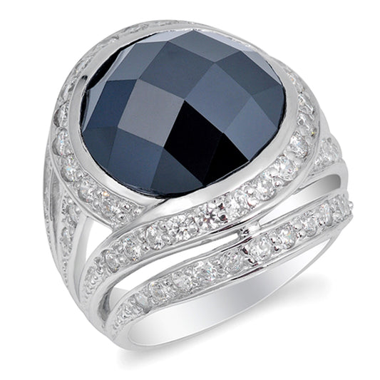 Black CZ Faceted Bezel Halo Set Ring New .925 Sterling Silver Band Sizes 6-10