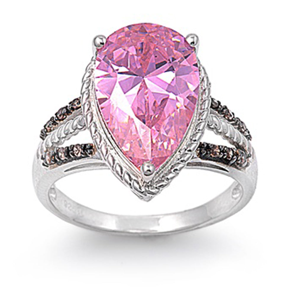 Large Teardrop Pink CZ Rope Halo Ring New .925 Sterling Silver Band Sizes 5-9