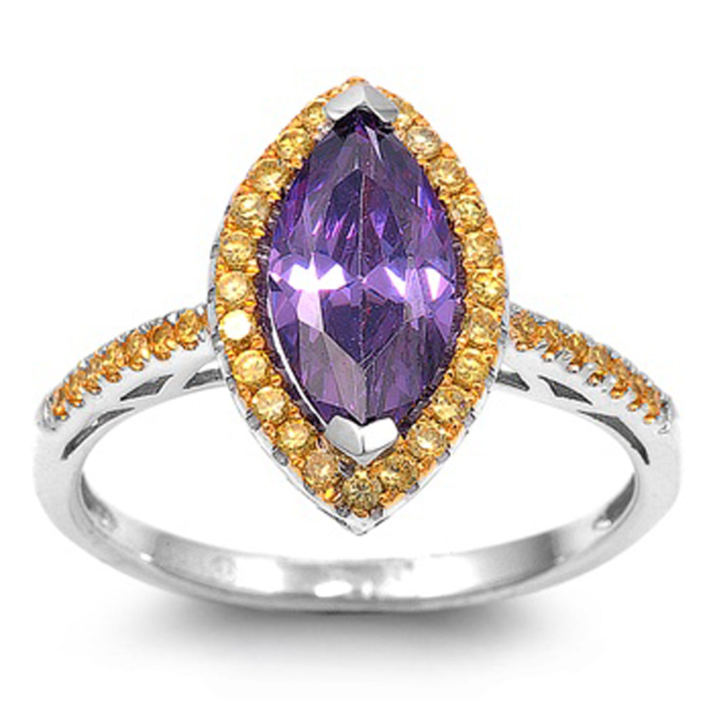 Marquise Amethyst CZ Gold-Tone Halo Ring New 925 Sterling Silver Band Sizes 5-9