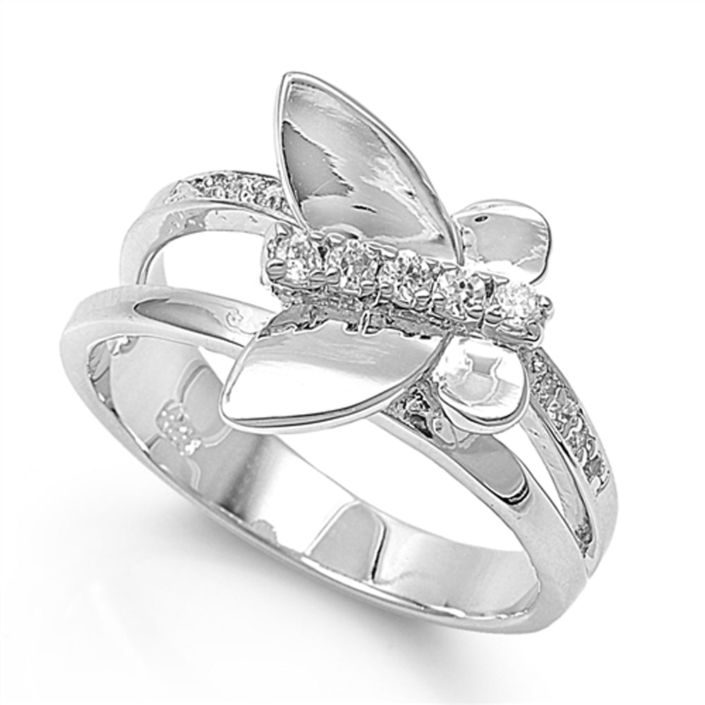 Clear CZ Butterfly Polished Nature Ring New .925 Sterling Silver Band Sizes 5-10