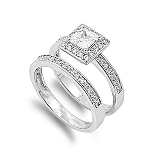 Sterling Silver Princess Cut CZ Engagement Ring Wedding Band Set Sizes 4-11