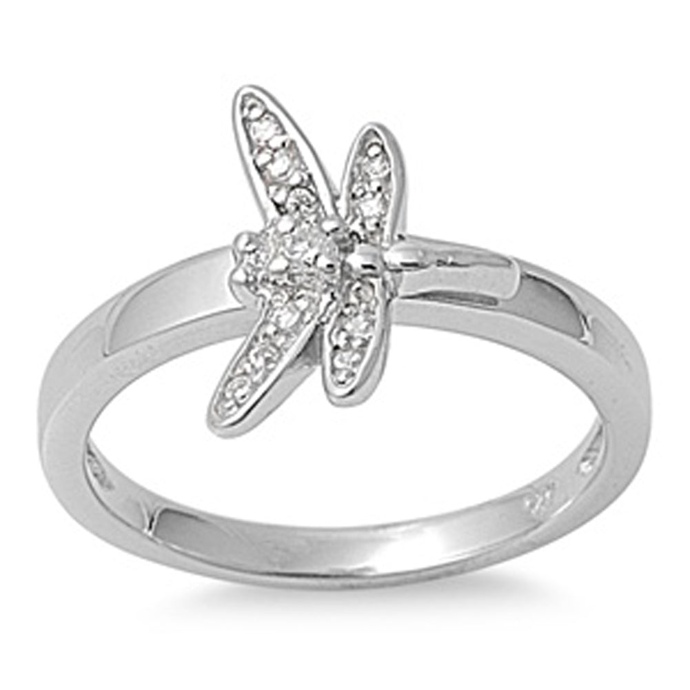 Clear CZ Polished Dragonfly Butterfly Ring .925 Sterling Silver Band Sizes 5-9