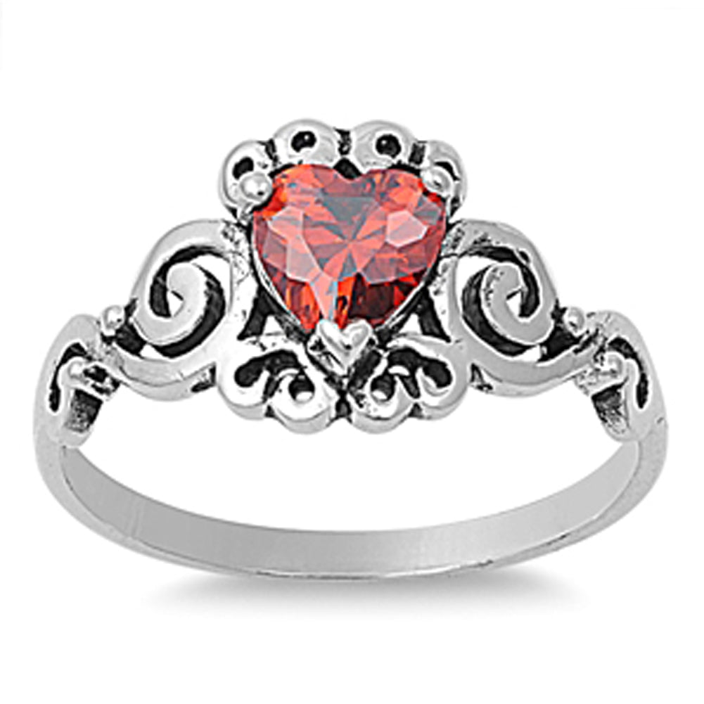 Garnet CZ Heart Swirl Cutout Love Ring New .925 Sterling Silver Band Sizes 5-10