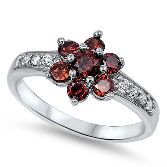 Garnet CZ Flower Polished Simple Ring New .925 Sterling Silver Band Sizes 5-11