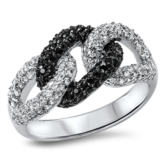 Interlocking Chain Links White Black CZ Ring New .925 Sterling Silver Sizes 5-10